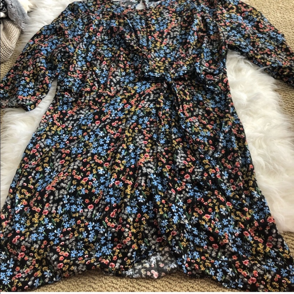 TOPSHOP floral dress US 12 Ruched 3/4 Sleeve black flowers sleeves y2k 2000s
